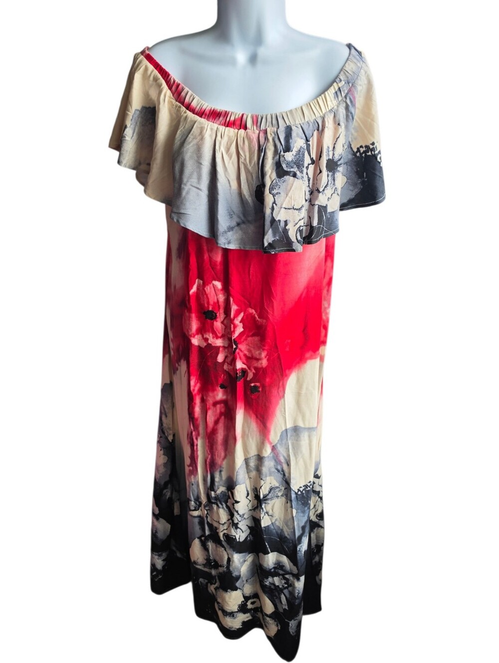 Asha Shanti Red Black Cream Floral Maxi Dress Size M